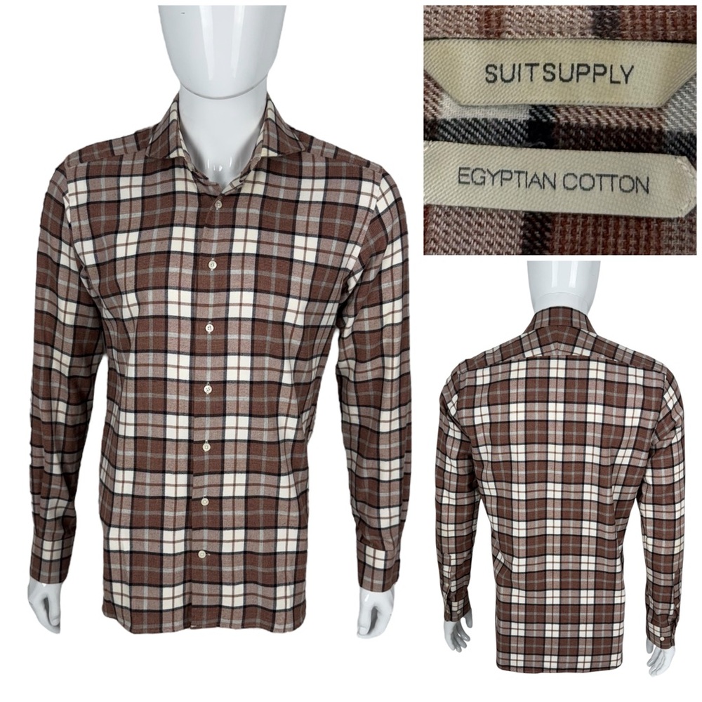 Suitsupply Mens 15.5 - 39 Shirt Egyptian Cotton Plaid Brown Canclini Casual